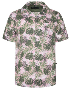 KAM Short Sleeve Leaf Print Hawaiian Shirt Pink